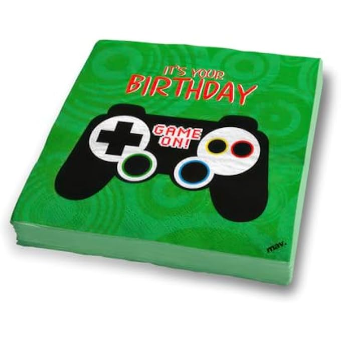 NAPKINS WITH GAME CONTROLLER, MOTHERBOARD AND MESSAGE CHILDREN'S BIRTHDAY NAPKINS WITH JOYSTICK AND LETTERING, 20 PIECES 33 X 33 CM, MADE IN EUROPE - Image 2